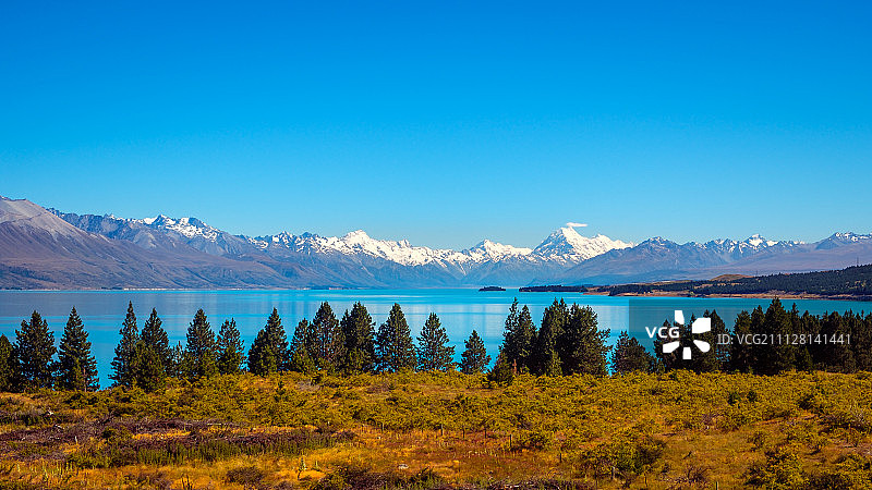 普卡基湖和库克山山脉图片素材
