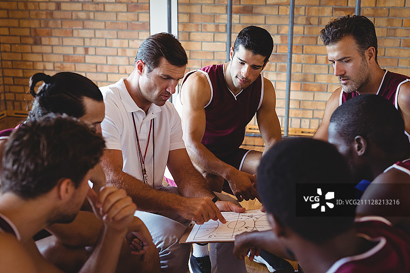 教练在球场上向篮球运动员讲解比赛计划图片素材