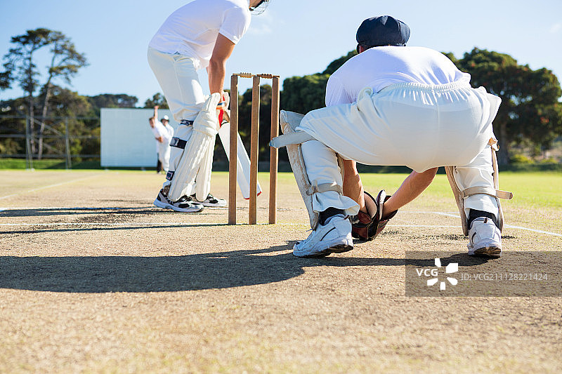 阳光明媚的日子里，板球比赛中守门员蹲在球门柱旁的后视图图片素材