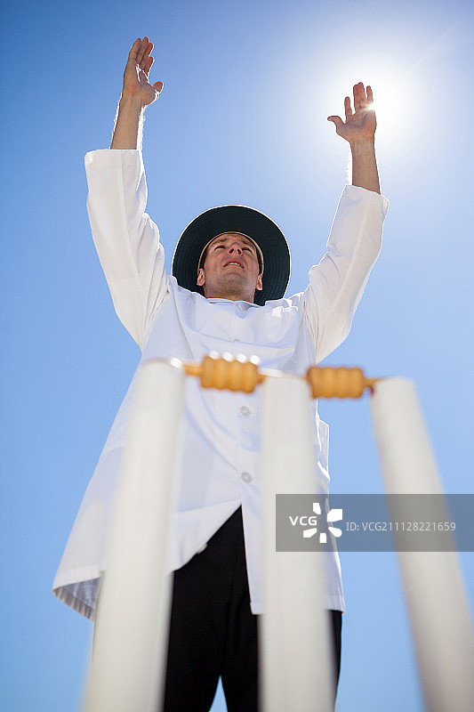 阳光明媚的日子里，板球裁判在比赛中示意六分的低角度景观图片素材