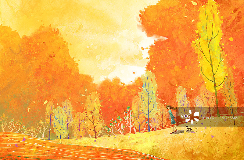 女孩和小狗插画图片素材