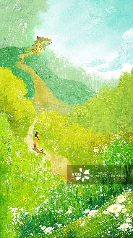 女孩和小狗插画图片素材