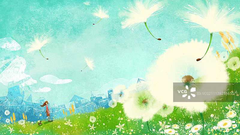 女孩和小狗插画图片素材