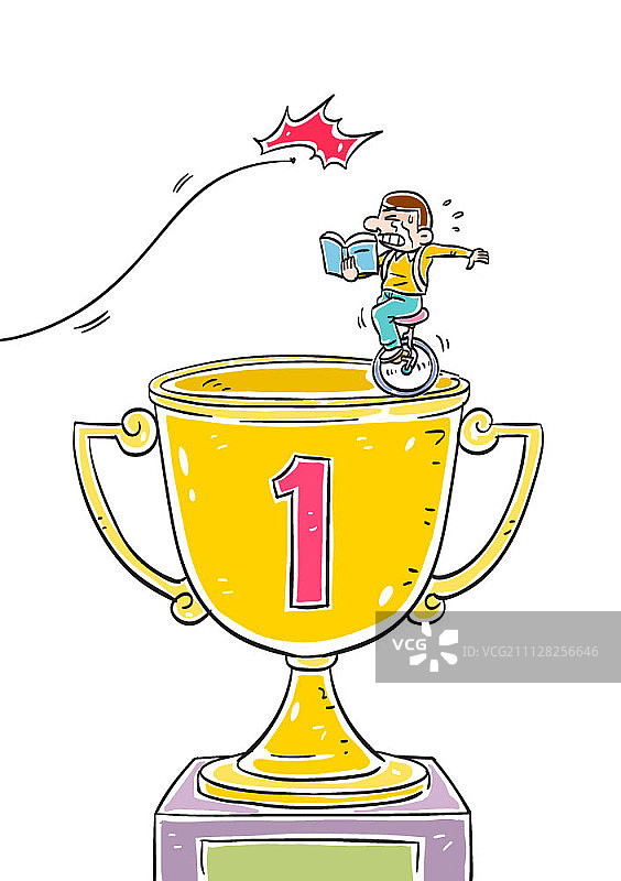 在奖杯上骑独轮车的哭泣的男孩图片素材