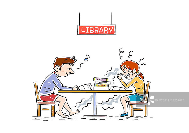 在图书馆里因男人脚臭而难受的女人图片素材