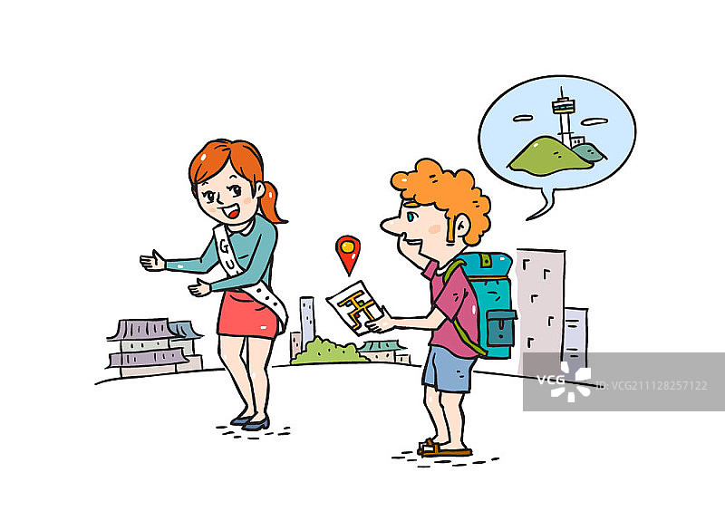 在首尔旅行的外国人，由一名女子引导图片素材