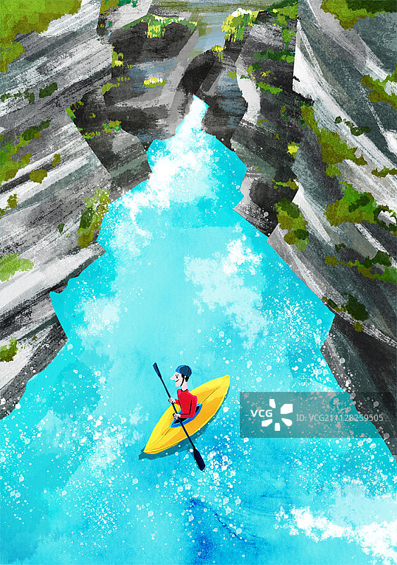 男子在清澈的湖中划独木舟图片素材