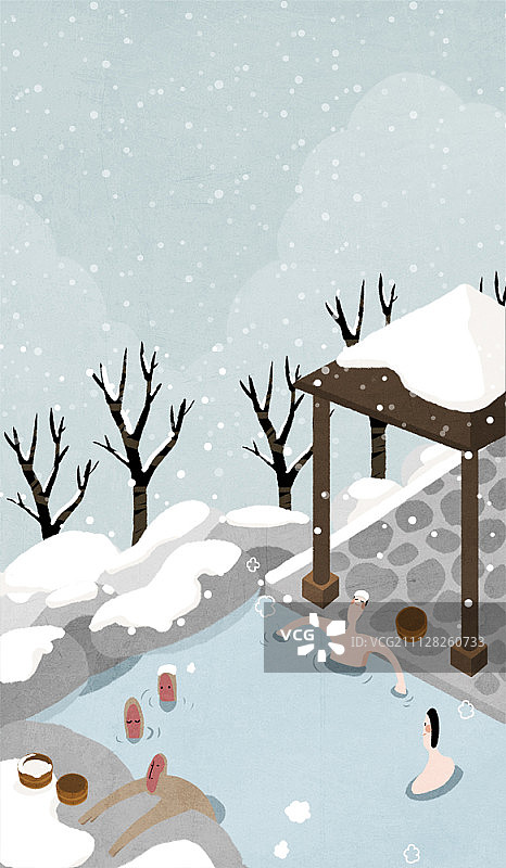 人们和猴子在雪天的温泉中图片素材