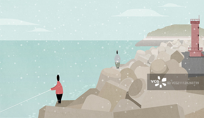 在防波堤上钓鱼及观望的男人图片素材