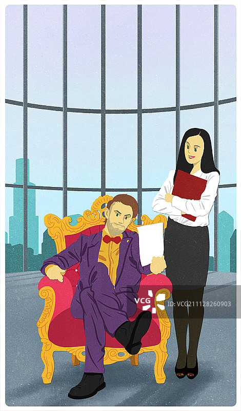 年轻CEO审查文件，秘书站在他旁边图片素材