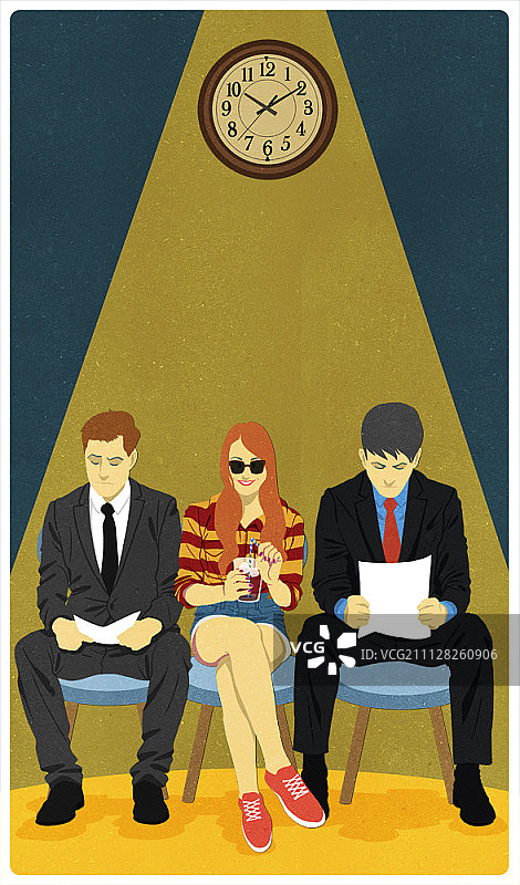 两个穿西装的男人和一个穿休闲装的女人正在等待面试图片素材
