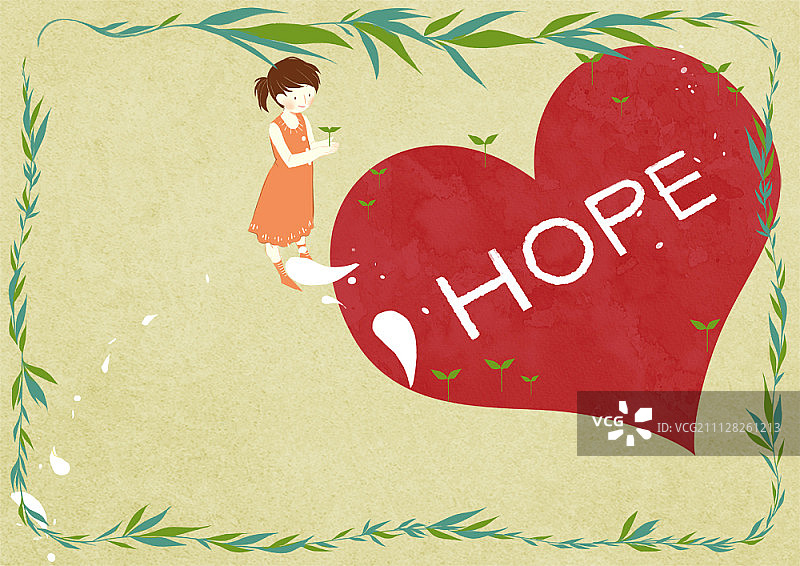 拿着花骨朵站在“希望”字样心形旁的女孩图片素材