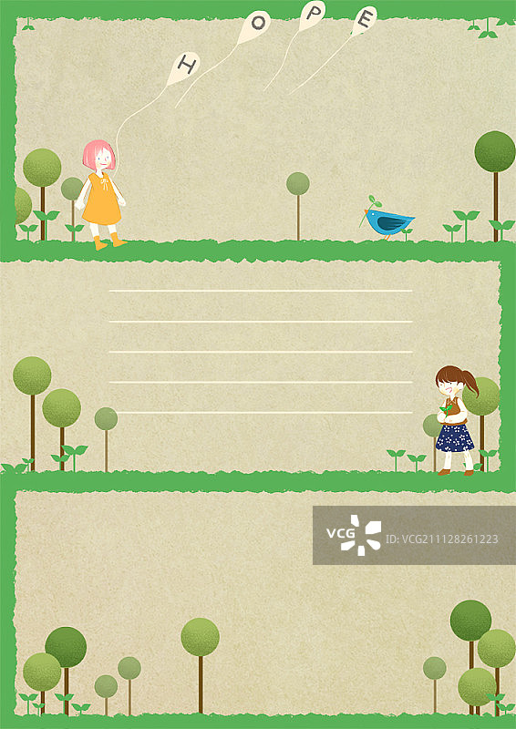 带有女孩和小鸟图案的笔记本模板图片素材