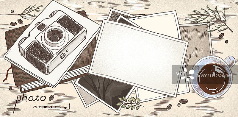 相机、照片和咖啡在桌子上图片素材