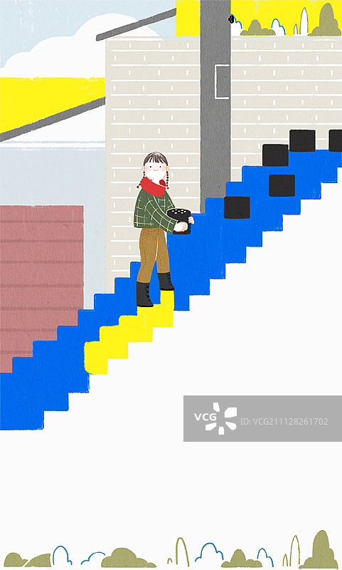 女孩拿着蜂窝煤 брикет 上楼梯图片素材