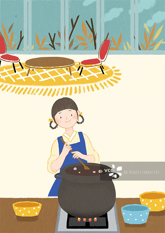 女孩在厨房里搅拌红豆汤图片素材
