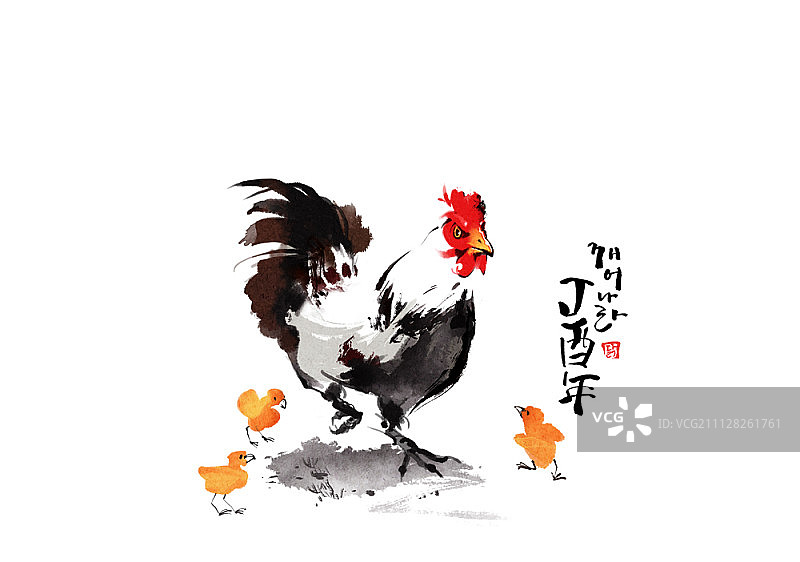 水墨红色公鸡年绘画插图图片素材
