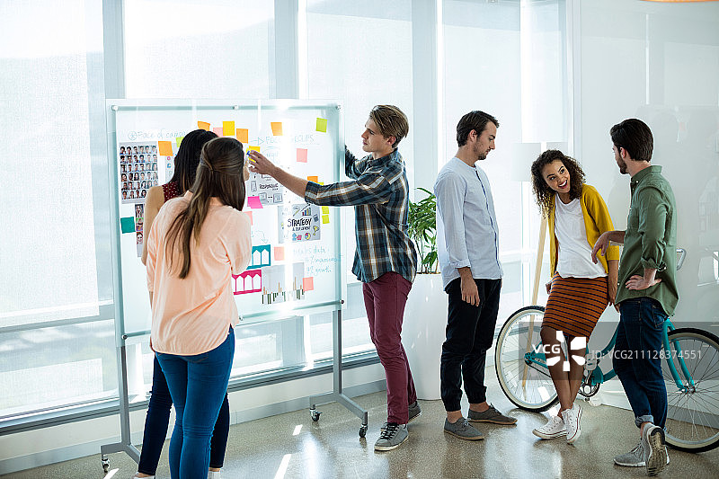 富有创意的商务团队在办公室查看便利贴并进行讨论图片素材
