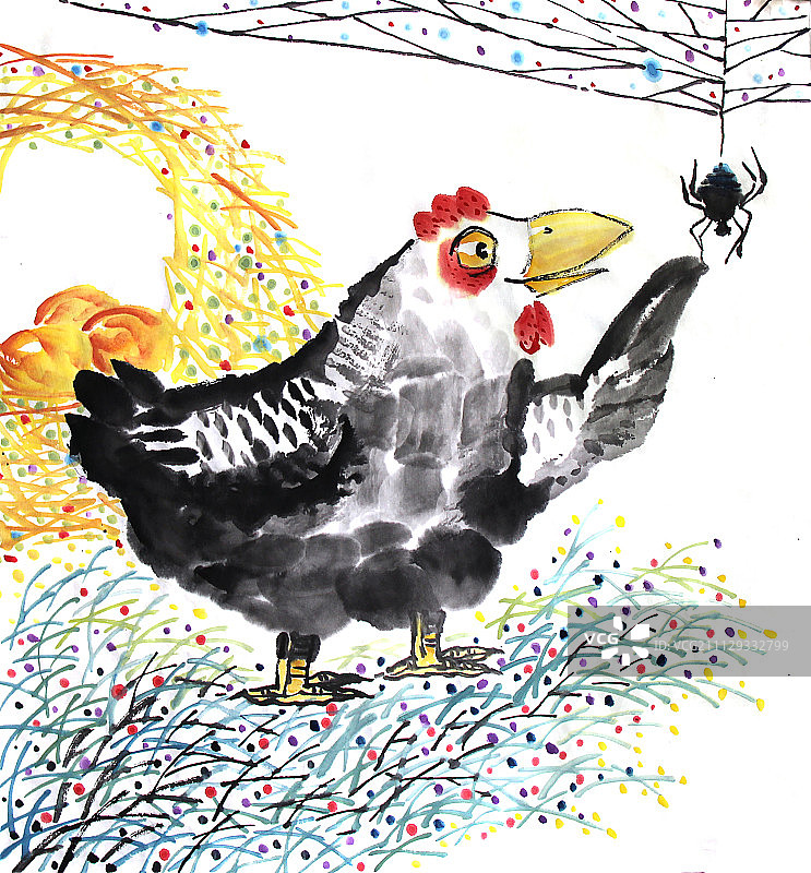 水墨中国画鸡-和蜘蛛交流图片素材