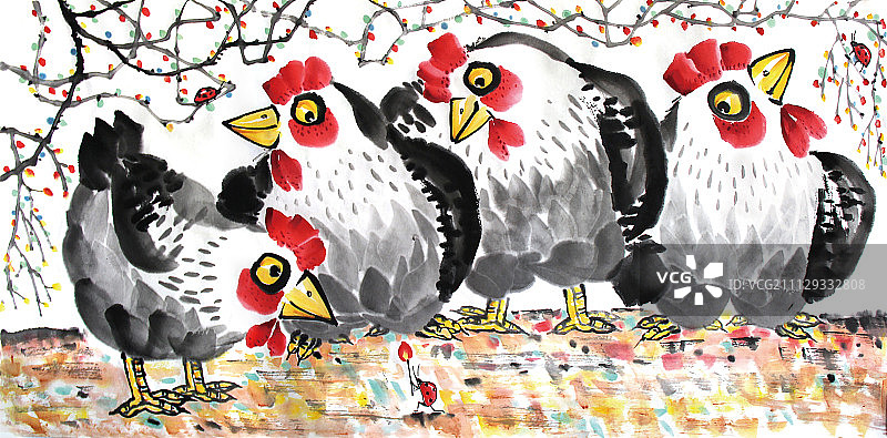 水墨中国画鸡四吉图图片素材