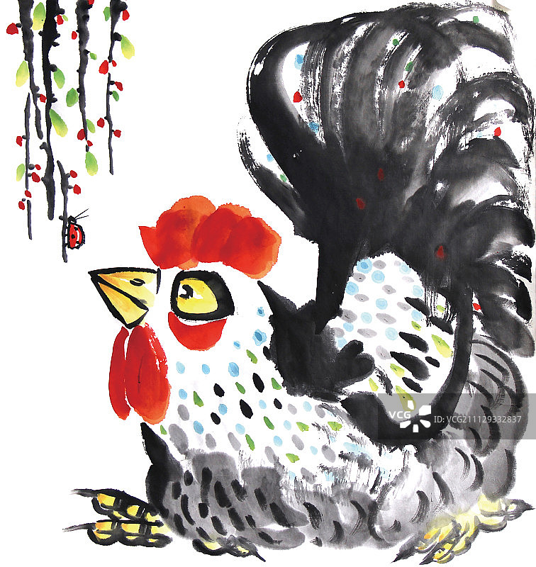 蹲在地上看瓢虫的水墨鸡图片素材