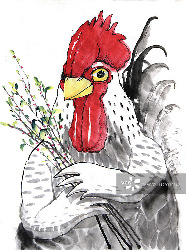 抱着树枝的水墨鸡图片素材