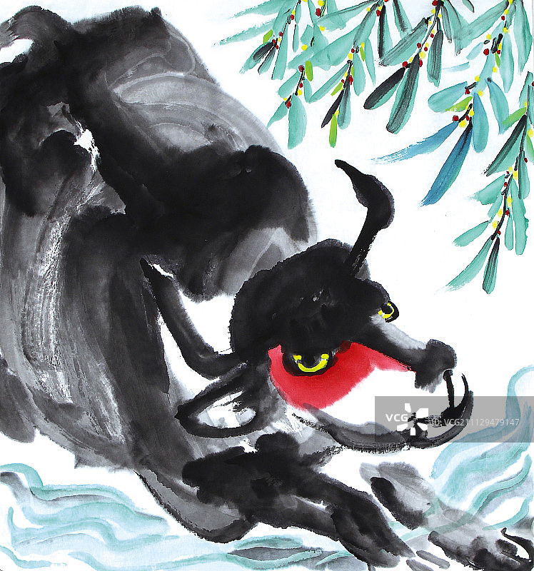 水墨牛与果实图片素材