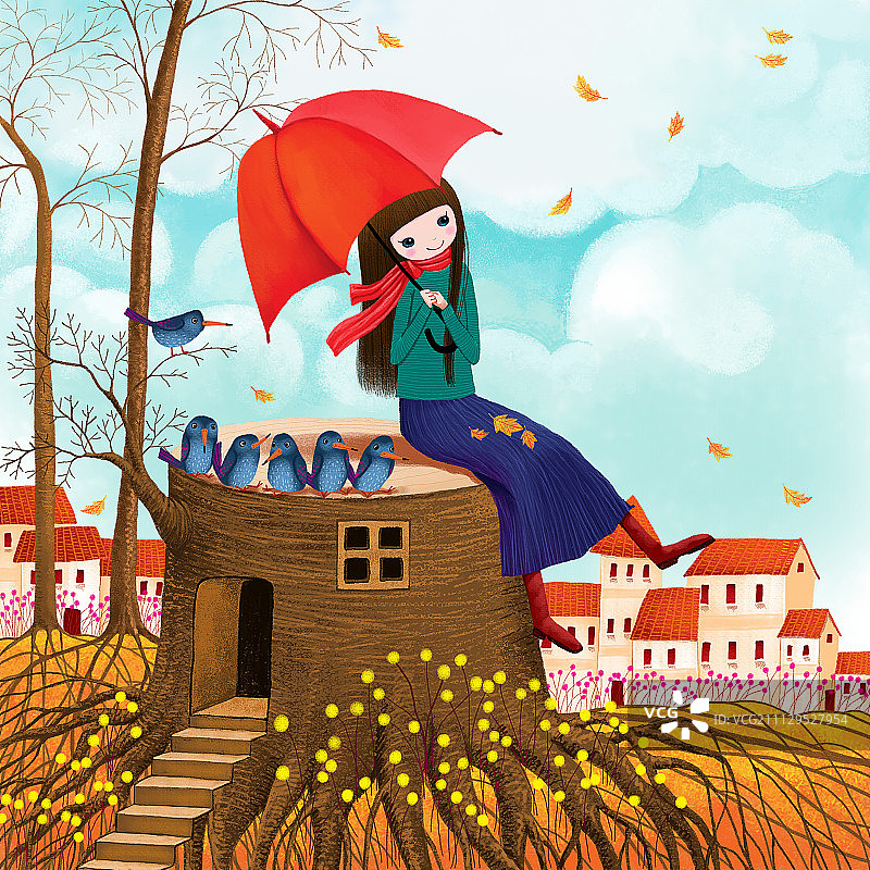 唯美青春插画女孩系列-一个人不孤独图片素材