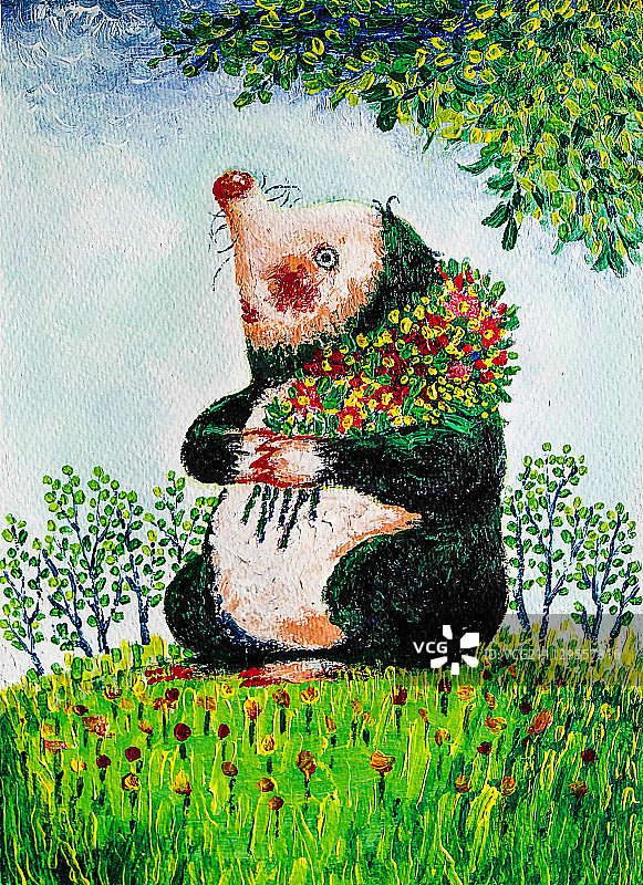 动物创意插画系列-小鼹鼠抱花图片素材