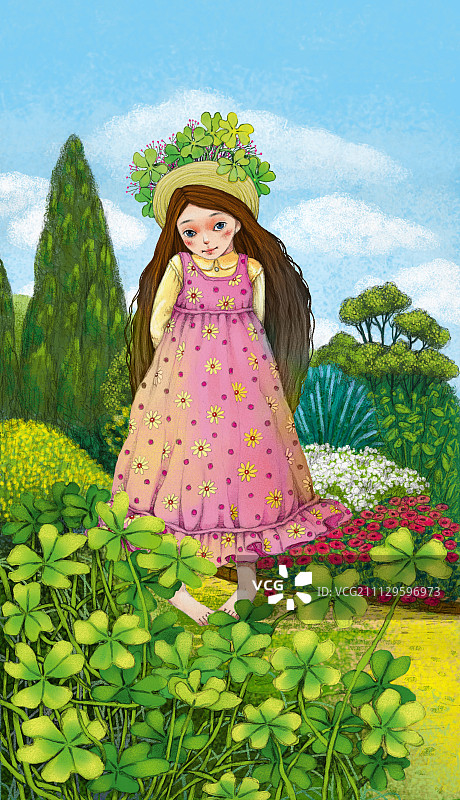 唯美复古插画系列-三叶草女孩图片素材