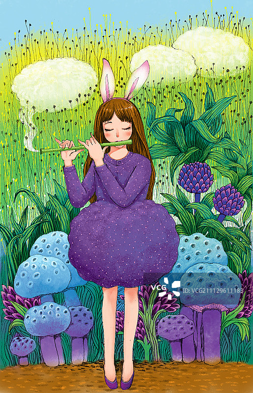 唯美梦幻插画系列-吹笛子的女孩图片素材