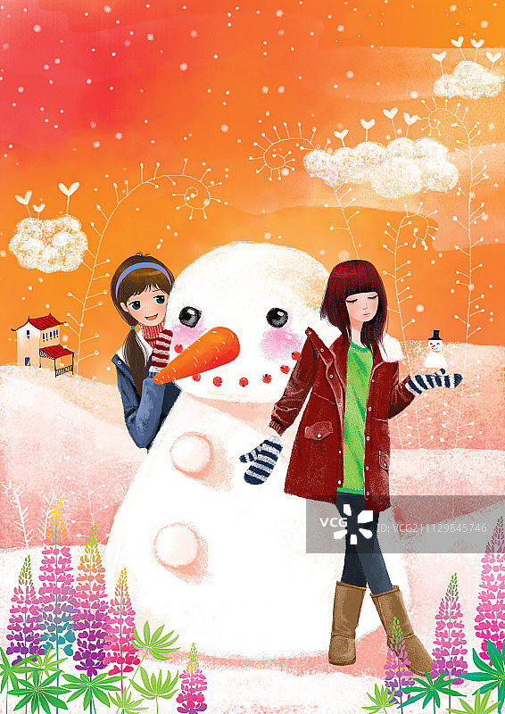 博览少年唯美插画系列-堆雪人图片素材