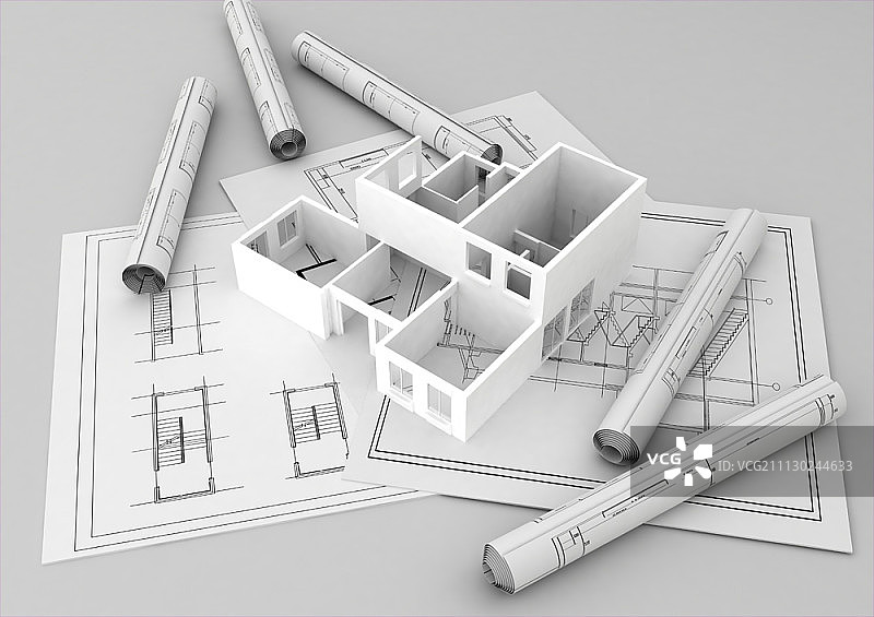 带有蓝图的建筑模型图片素材