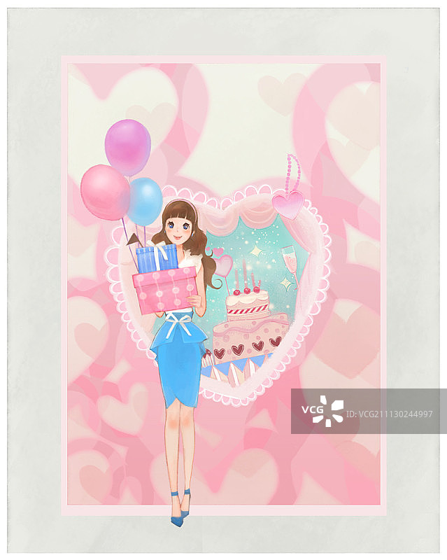 拿着生日蛋糕和礼品盒的女人插画图片素材