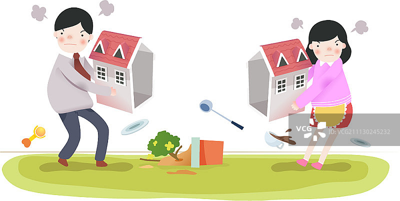 年轻夫妇拿着房子模型争吵图片素材