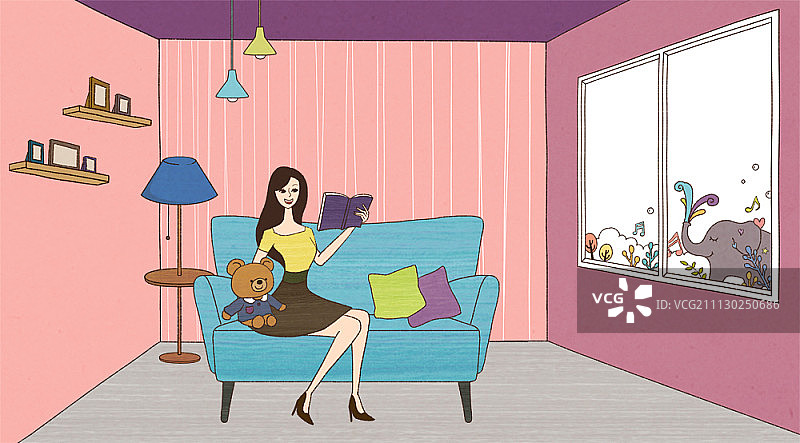 女子坐在沙发上看书插画图片素材
