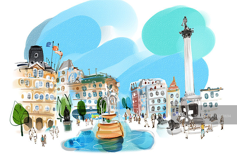 水彩城市景观插画图片素材