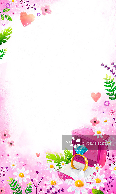 钻石戒指和鲜花边框插画图片素材