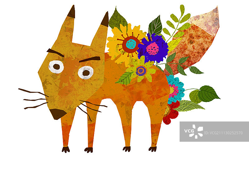 白色背景上的狐狸与鲜花图片素材