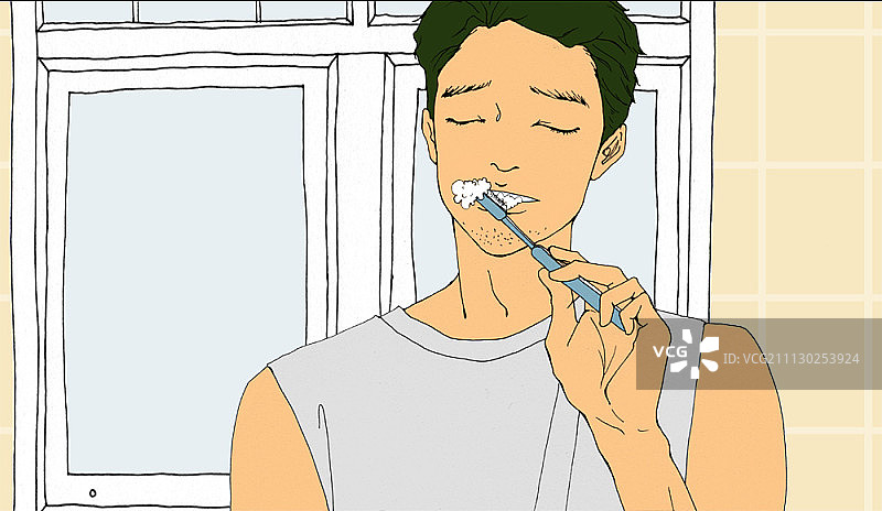 男人闭着眼睛刷牙图片素材