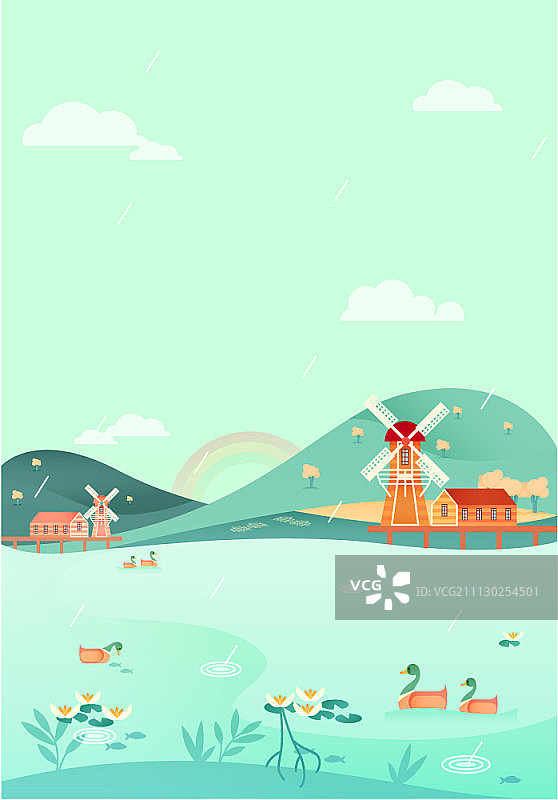 雨天湖面山景与鸭子图片素材