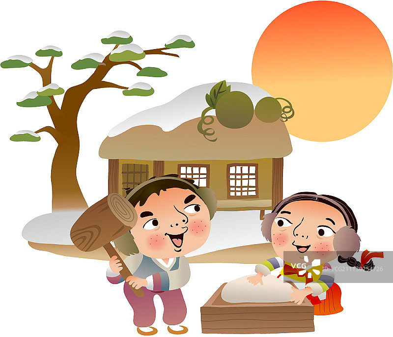 穿着韩国传统服装的男女插画图片素材