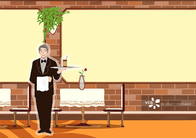 端着咖啡托盘的中年服务员图片素材