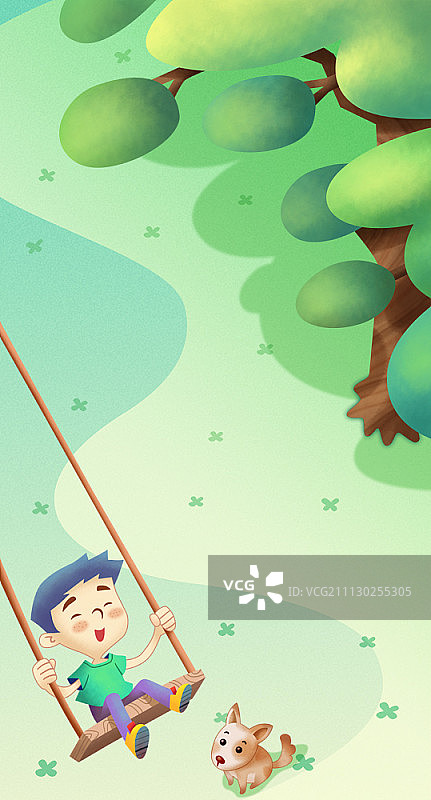 男孩在树上荡秋千图片素材