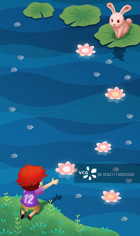 男孩伸手摘取睡莲图片素材