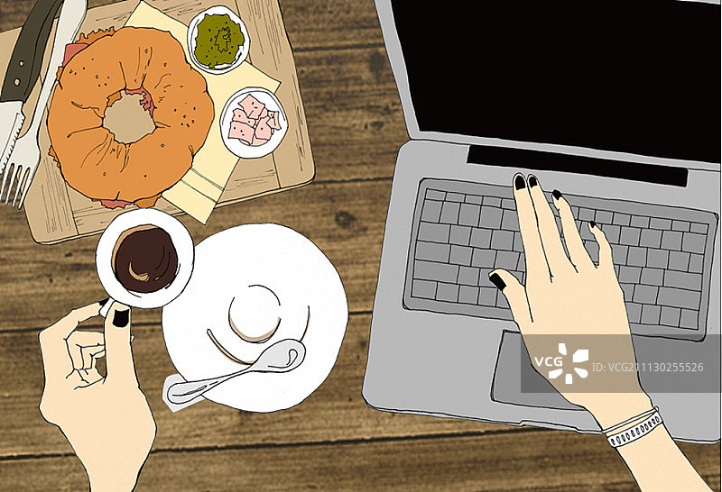 使用笔记本电脑吃早午餐的女人俯视图图片素材