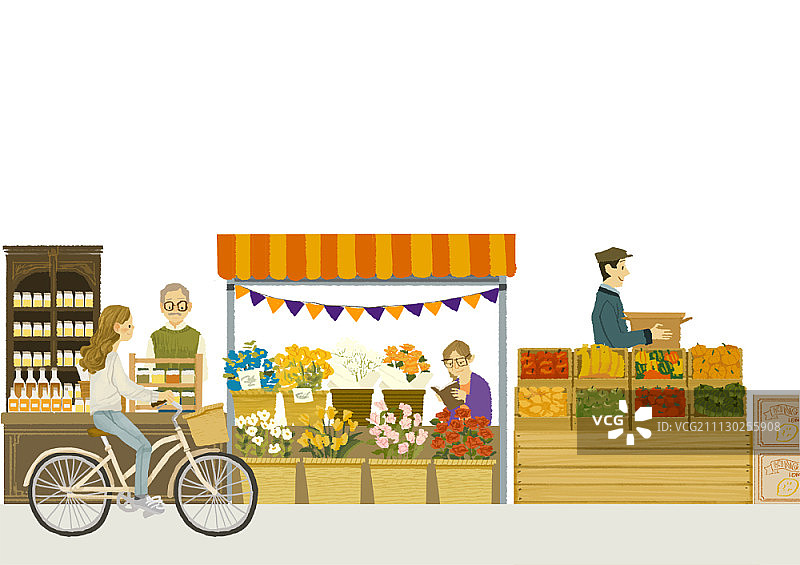 骑自行车经过街边摊位的女人图片素材
