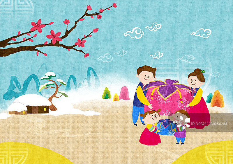 一家人穿韩服提着福袋图片素材