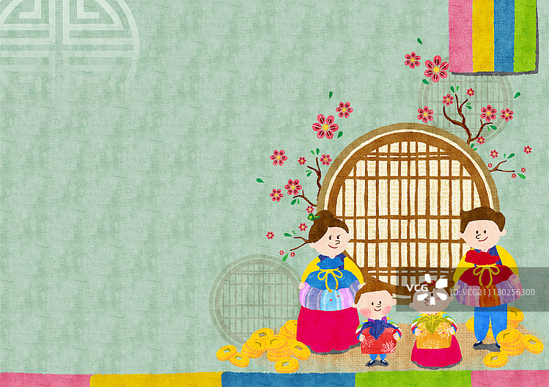 一家人穿韩服提着福袋图片素材