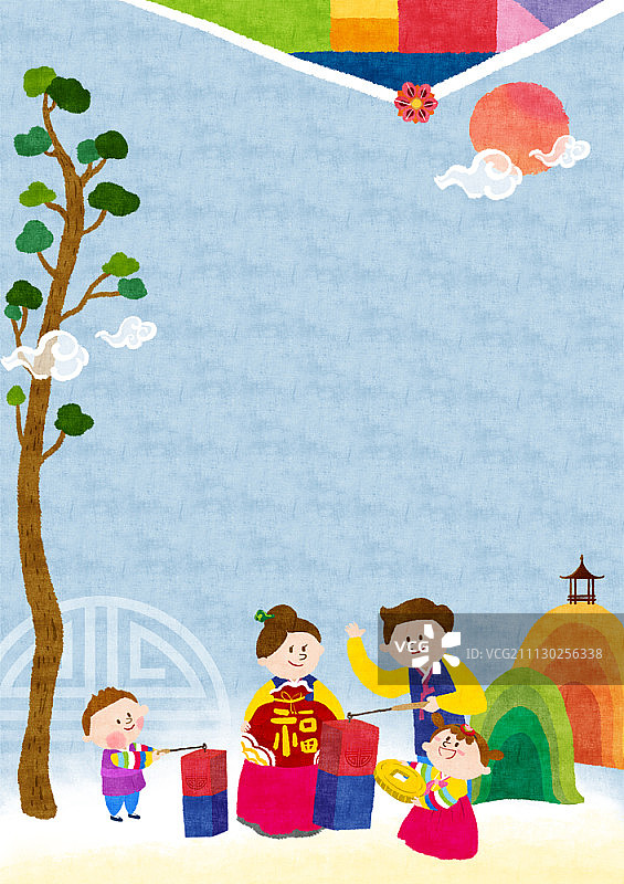 一家人穿着韩服，拿着福袋和灯笼图片素材